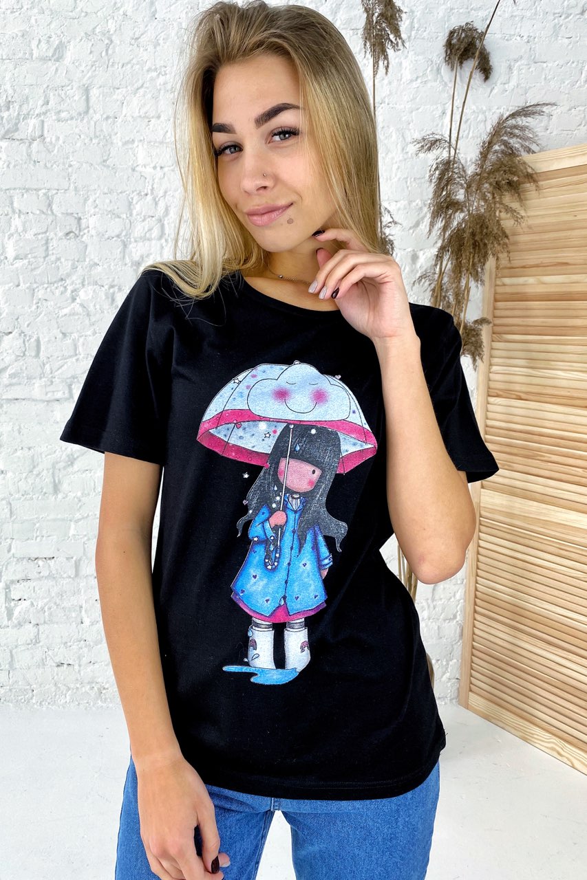 Милая хлопковая футболка с принтом девочка зонтик - черный цвет, L
