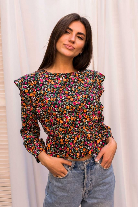 Оригинальная укороченная блуза с рюшами и цветочным принтом - 9861 - купить в Украине | Интернет магазин LUREX