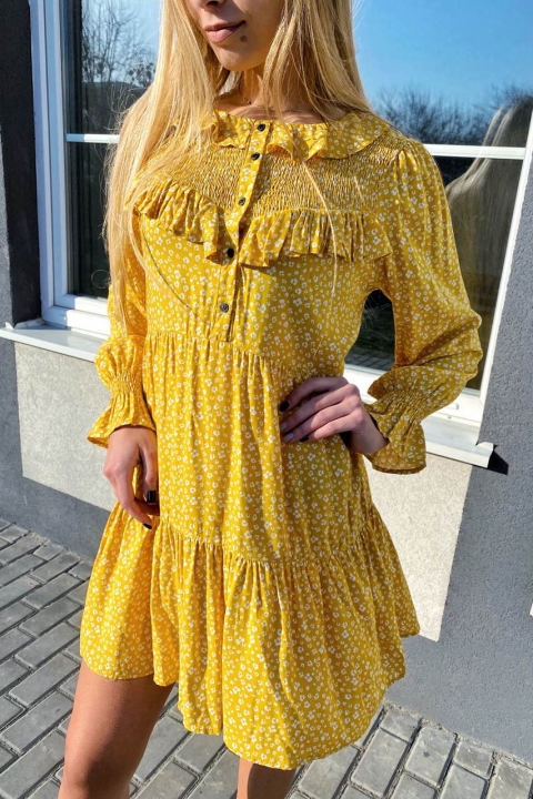 Стильне котонове плаття в дрібний принт з рюшами та гудзиками - 003-2 - купити в Україні | Інтернет магазин LUREX