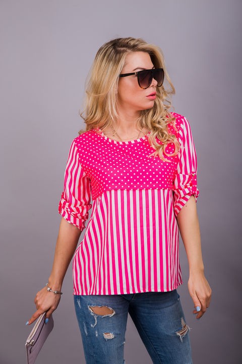 Фото 2 модели М1128 Летняя блуза с горохом и полосами - рожевий