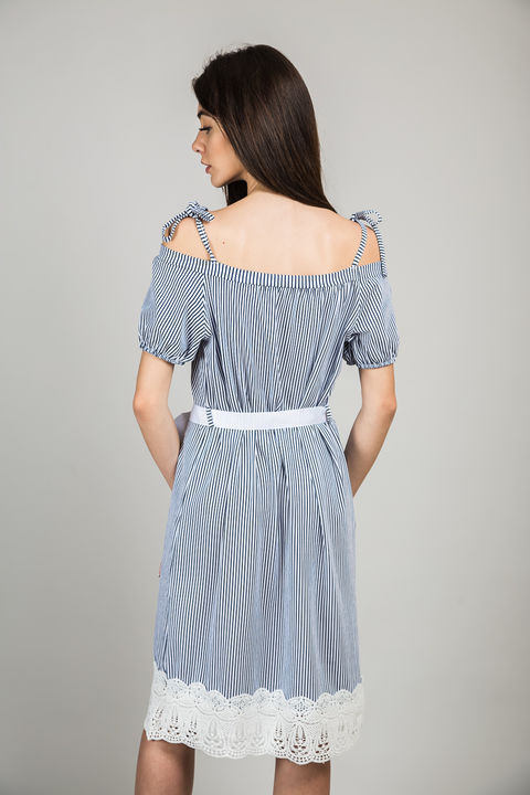 Фото 3 модели L1013 Полосатое платье с открытыми плечами LUX STYLE - синє