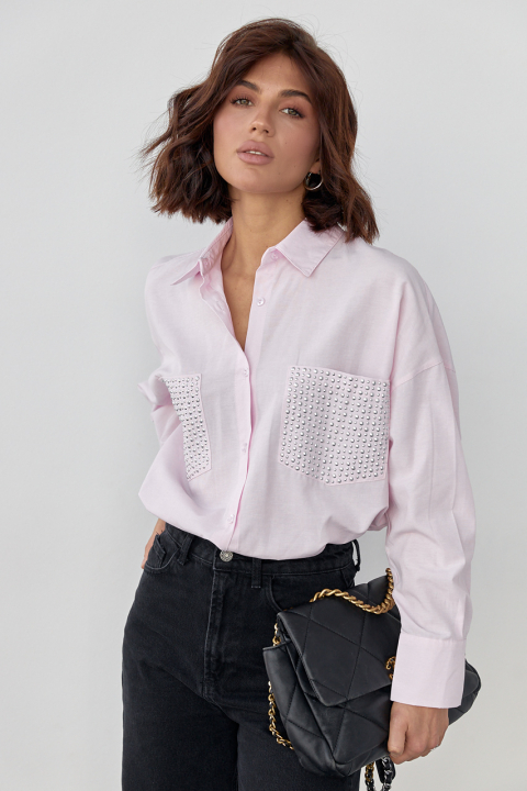 Жіноча сорочка з термостразами на кишенях