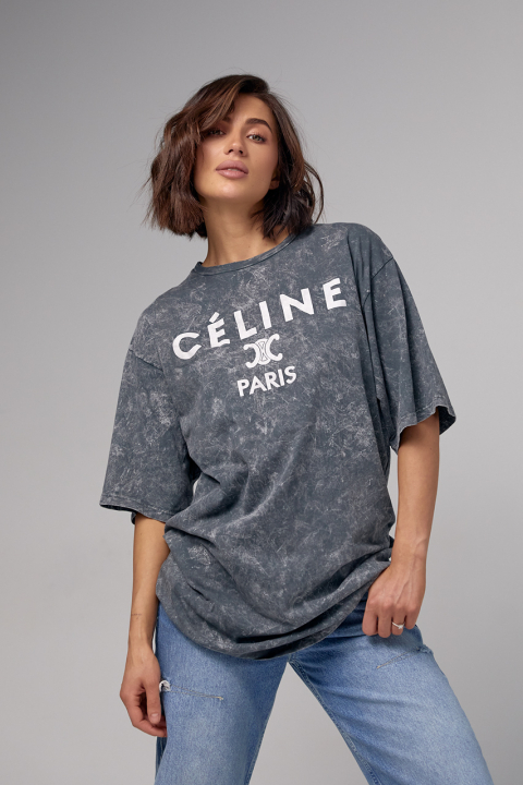 Подовжена футболка в техніці тай-дай з написом Celine Paris