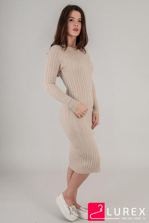 Фото 13 модели 705-01 Облегающее платье вязки косичка LUREX - бежевий