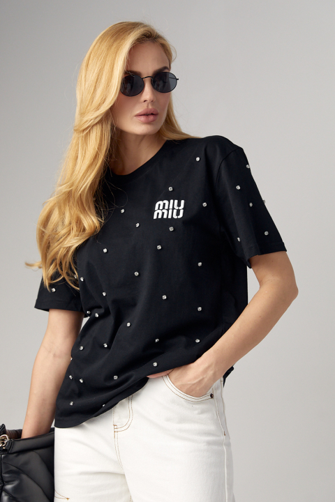Женская футболка со стразами и вышитой надписью Miu Miu
