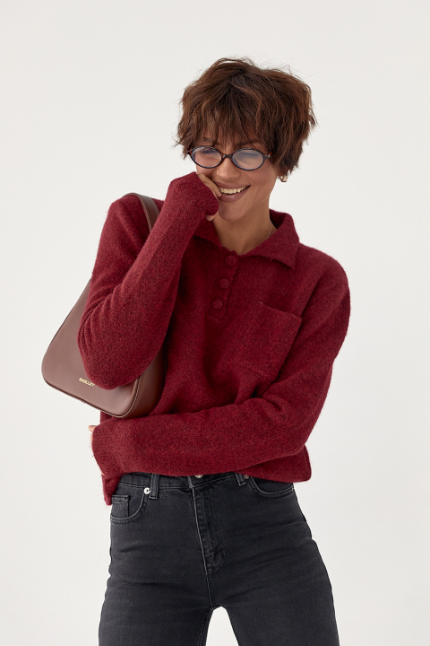 Теплая кофта-поло с накладным карманом