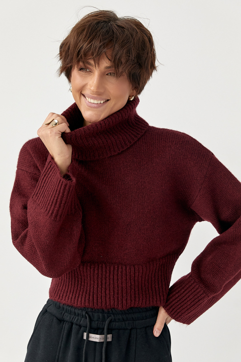 Вязаный короткий свитер с высокой горловиной