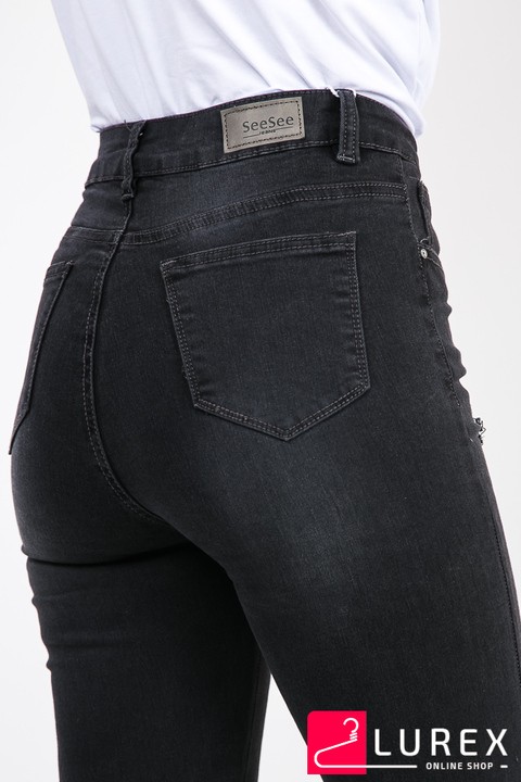 Фото 4 модели A14-3 Черные рваные джинсы с высокой посадкой See See - чорний