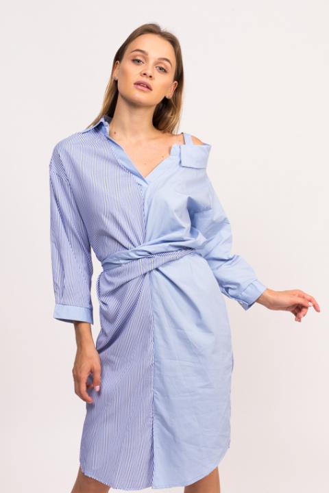 Фото 5 модели 8633 Стильное платье рубашка с поясом Yimeiyi - голубое