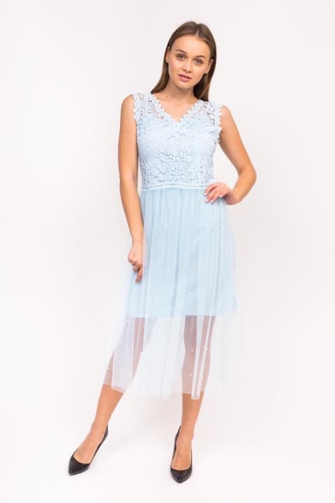 Фото 1 модели 1030 Длинное вечернее платье с фатиновой юбкой Qsyr - голубое