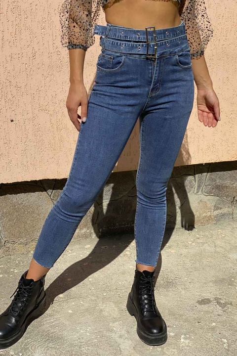 Фото 1 модели 9001 Облегающие женские джинсы с вшитым ремнем M-M - джинсовые